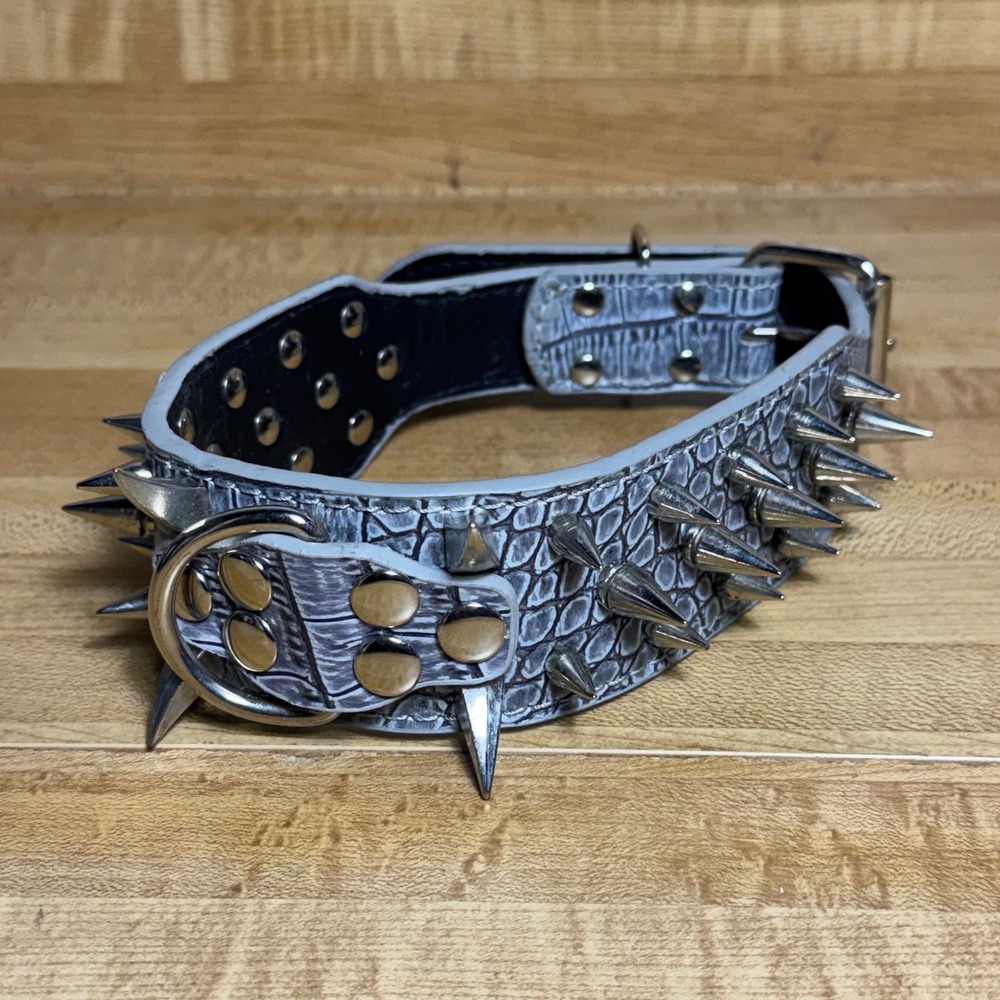 Gray Crocodile Embossed Spiked Dog Collar Silver Studded Goth Punk Large emo